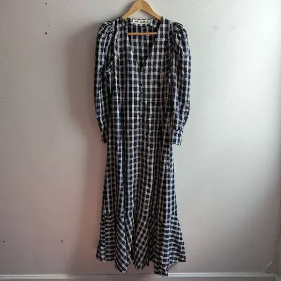 Mr. Larkin navy blue white plaid checkered puff sleeve button down maxi dress - Picture 3 of 7